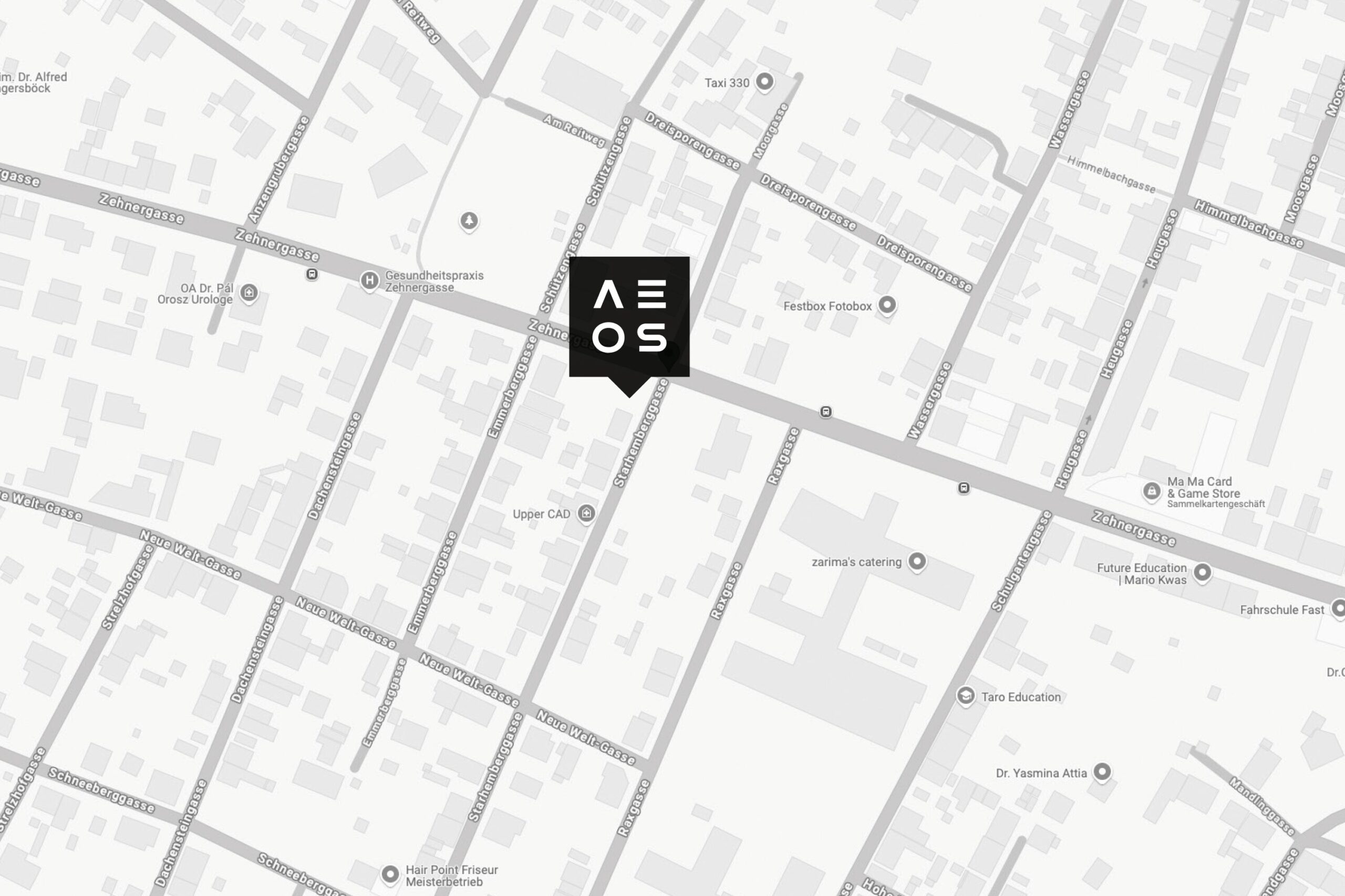 Stadtplan mit eingezeichnetem Standort des AEOS Ärztezentrums in Wiener Neustadt